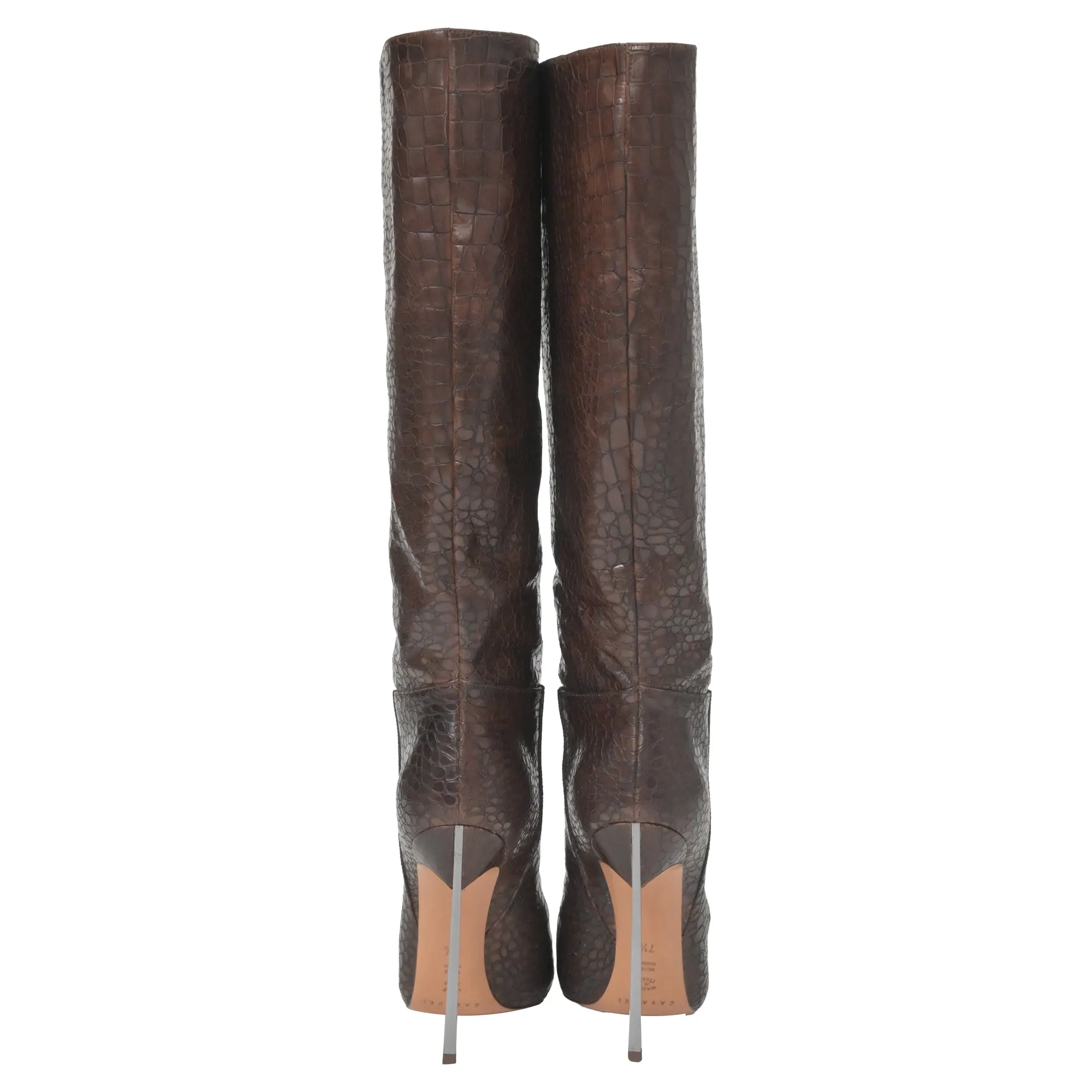 Casadei Croc-Embossed Knee High Boots in Brown Leather
