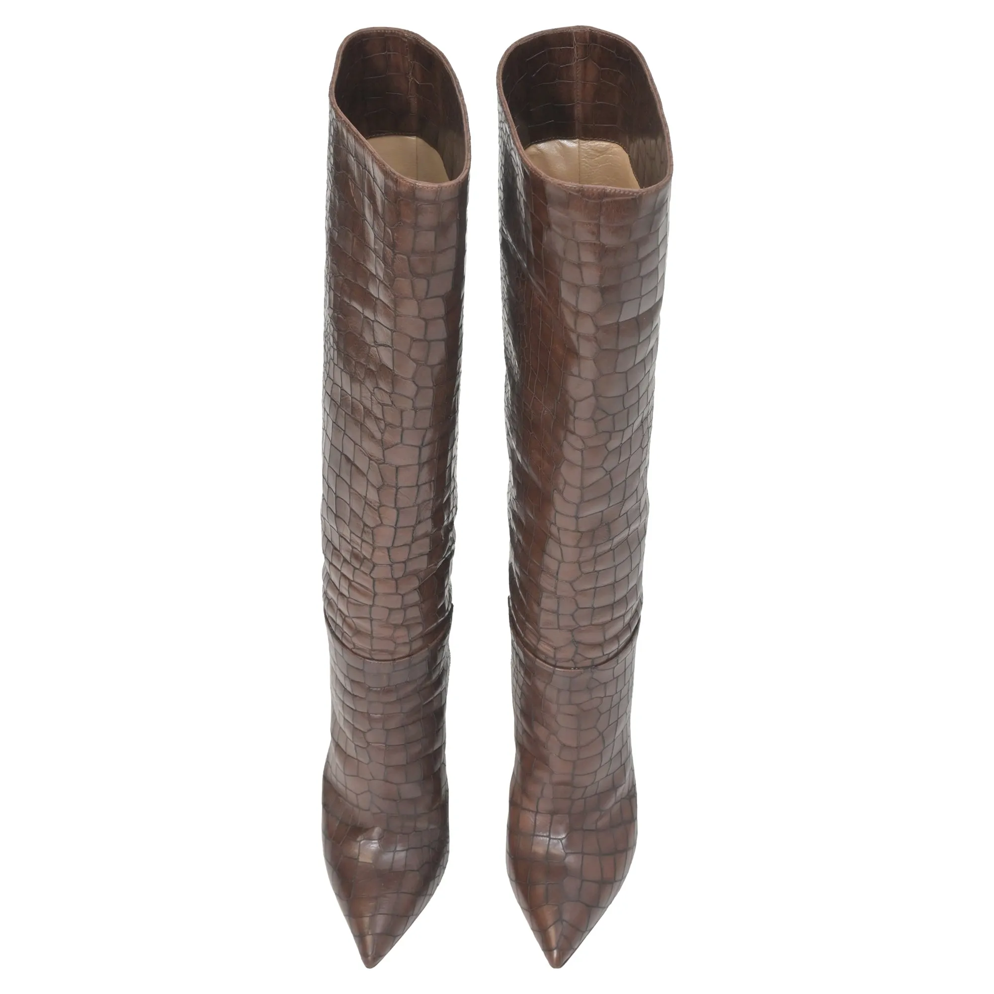 Casadei Croc-Embossed Knee High Boots in Brown Leather