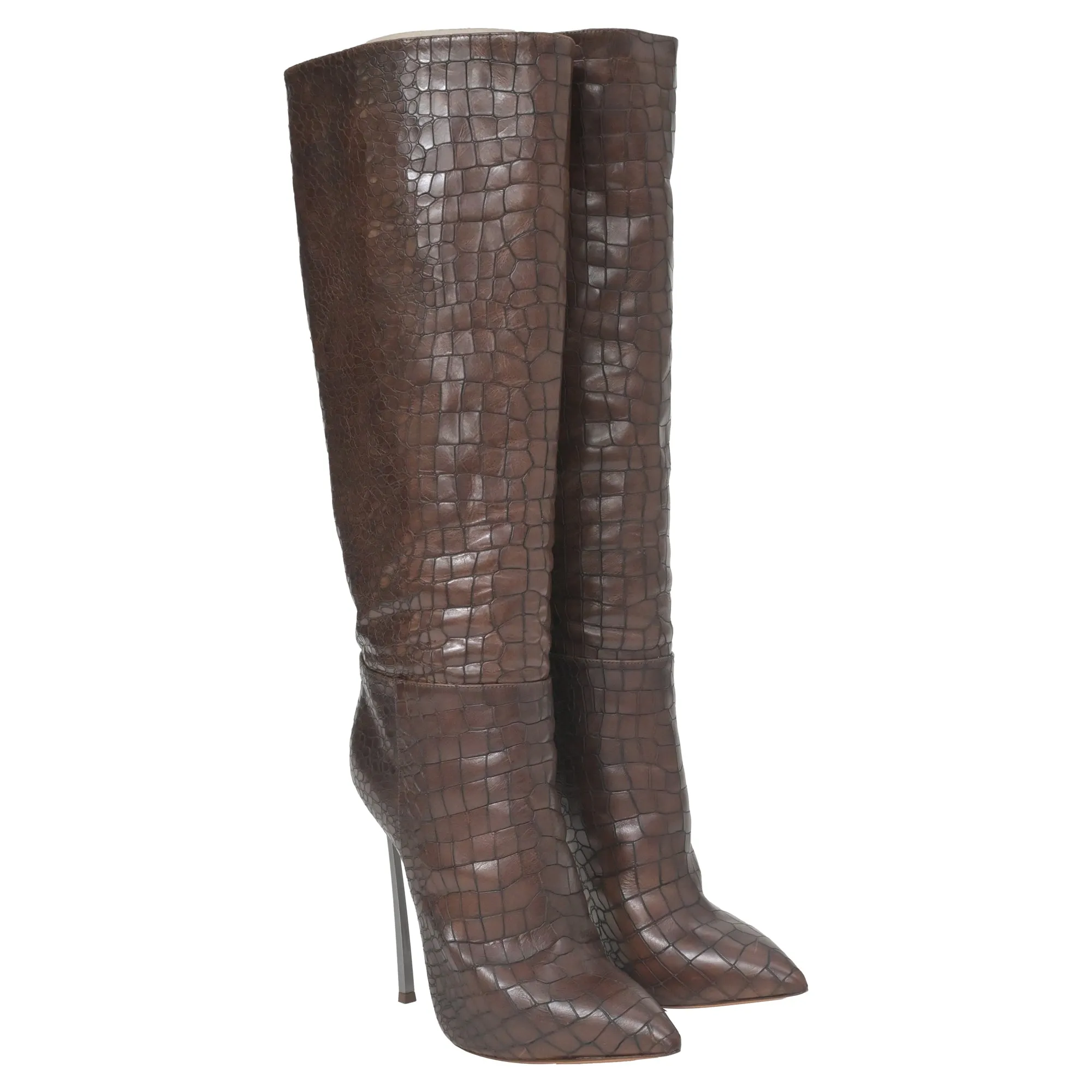 Casadei Croc-Embossed Knee High Boots in Brown Leather