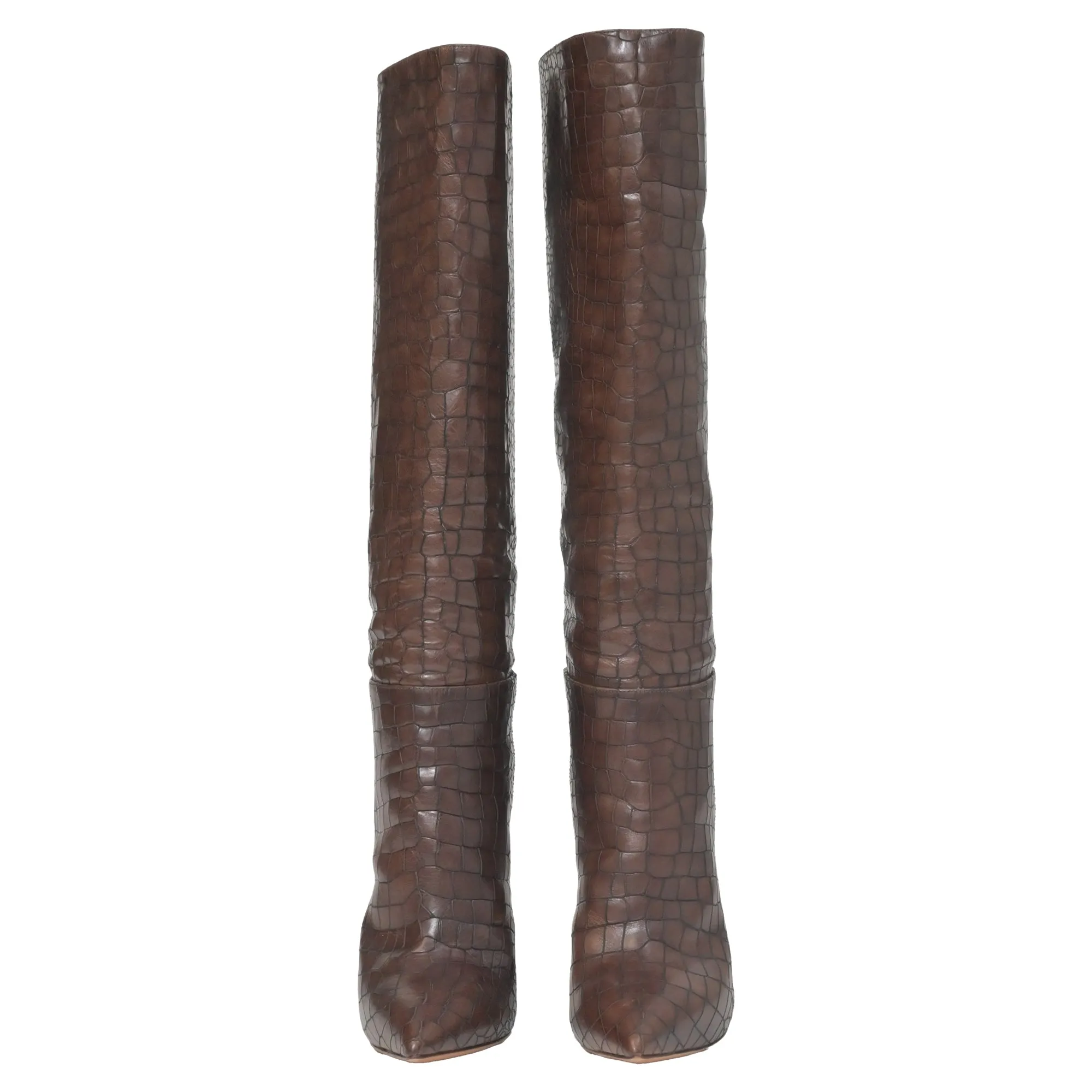 Casadei Croc-Embossed Knee High Boots in Brown Leather