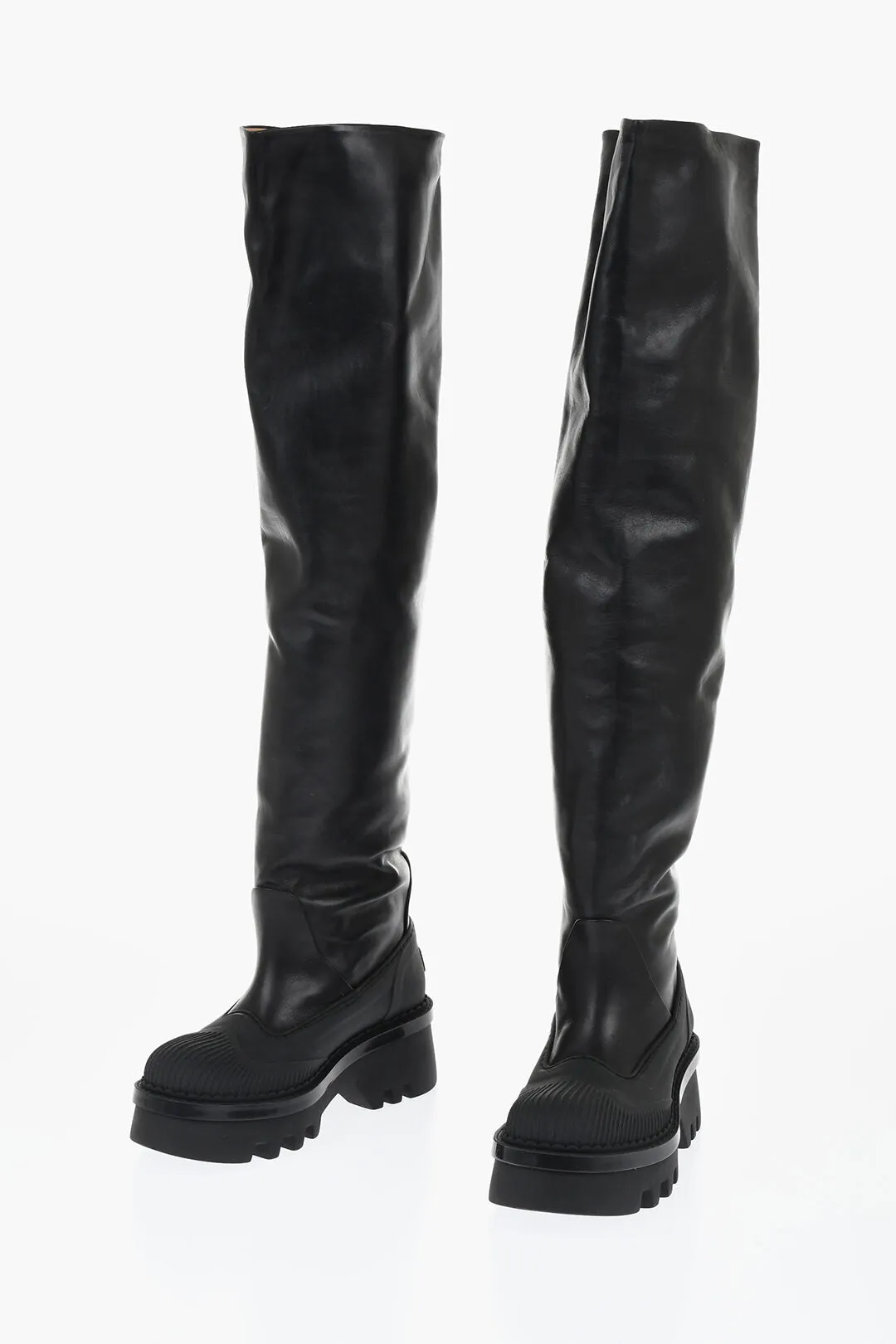 Chloe Leather Knee-High Boots With Tank Sole