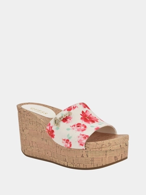 Fours Floral Cork Wedge Mules