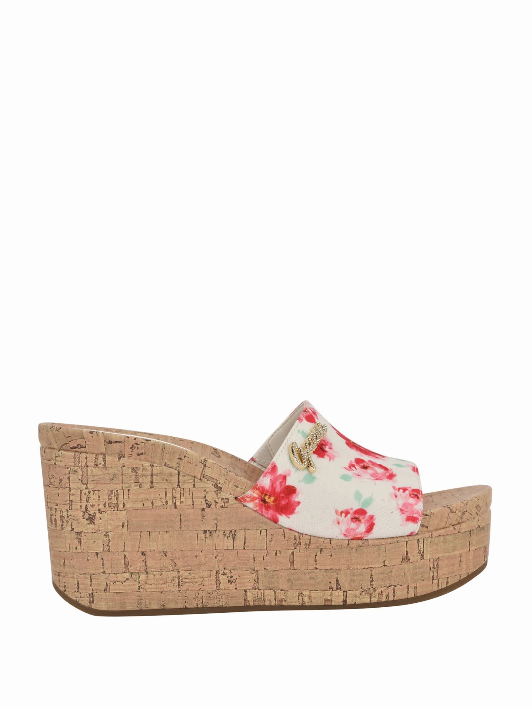 Fours Floral Cork Wedge Mules
