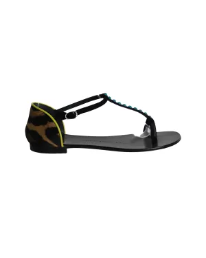 Giuseppe Zanotti Crystal-Embellished T-strap Flat Sandals in Multicolor Leather