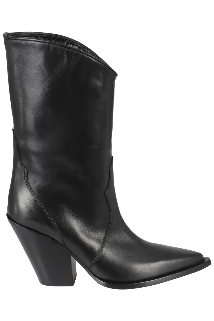 Pointed Toe Black Leather Cowboy Boots