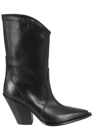 Pointed Toe Black Leather Cowboy Boots