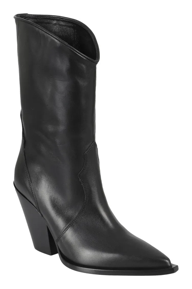 Pointed Toe Black Leather Cowboy Boots