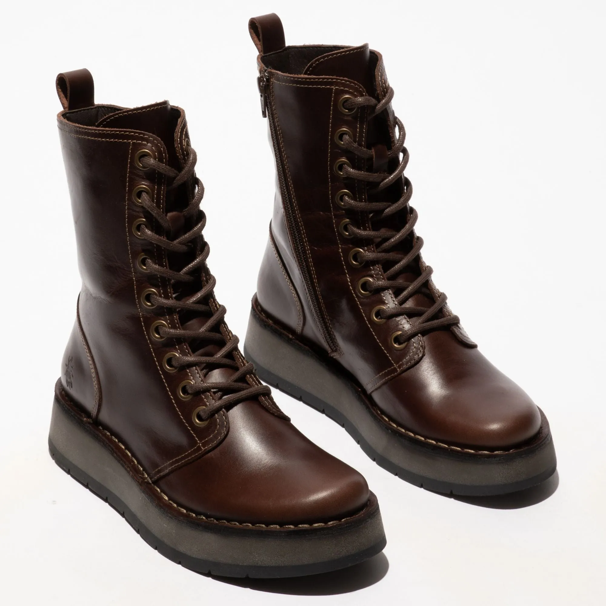 RAMI043FLY - Women's Wedge Heel Lace Up Leather Ankle Boots