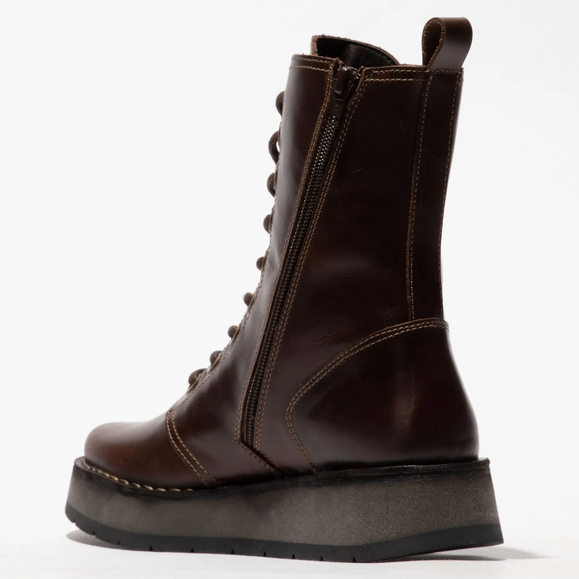 RAMI043FLY - Women's Wedge Heel Lace Up Leather Ankle Boots