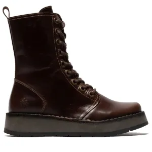 RAMI043FLY - Women's Wedge Heel Lace Up Leather Ankle Boots