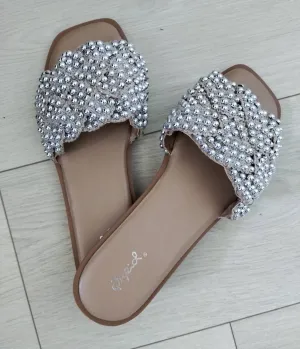 Rhinestone Slides In Nude/silver Knit