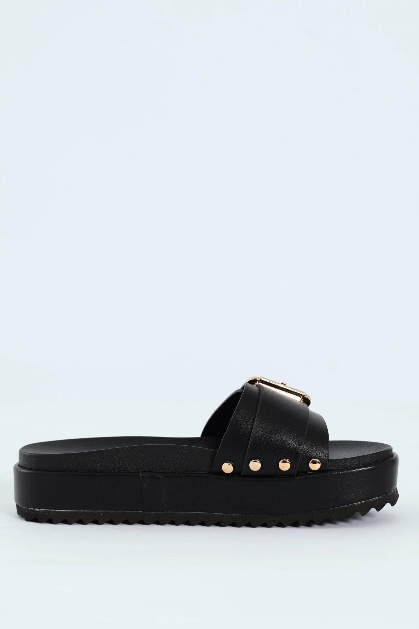 Single Band Buckled Mule Sandal With Outsole Studs - Black