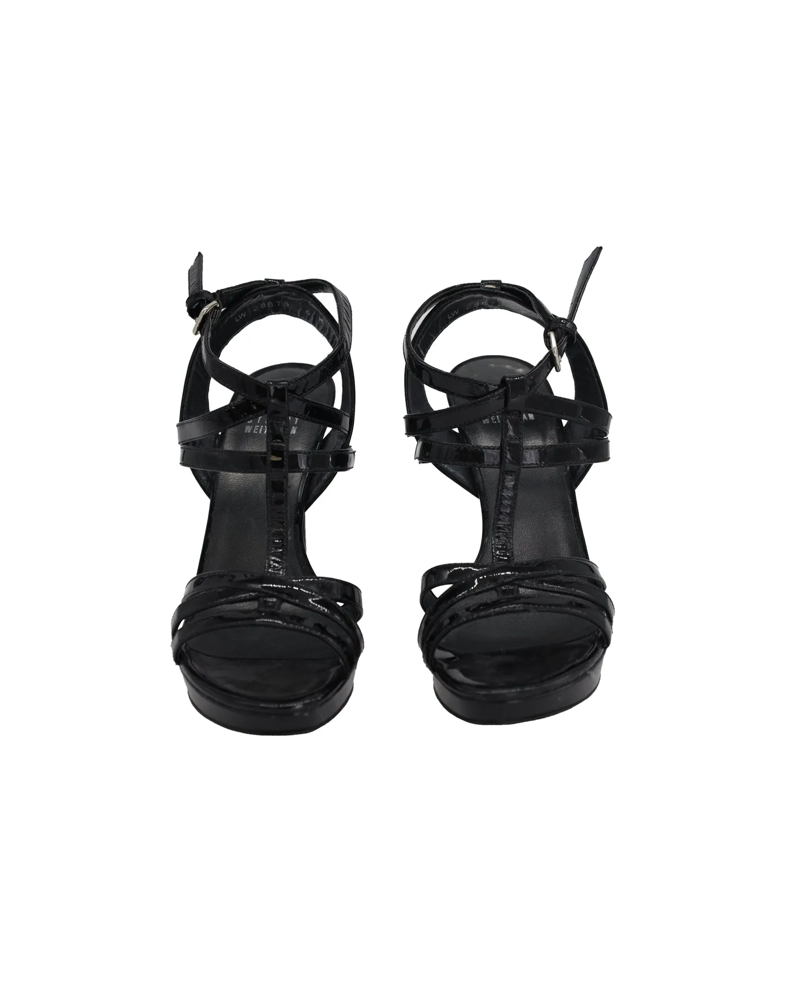 Stuart Weitzman Strappy High Heel Sandals in Black Patent Leather