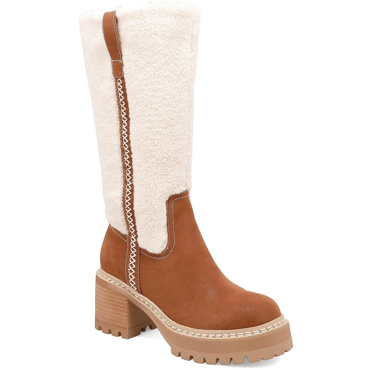 Teirson Womens Block Heel Faux Fur Knee-High Boots