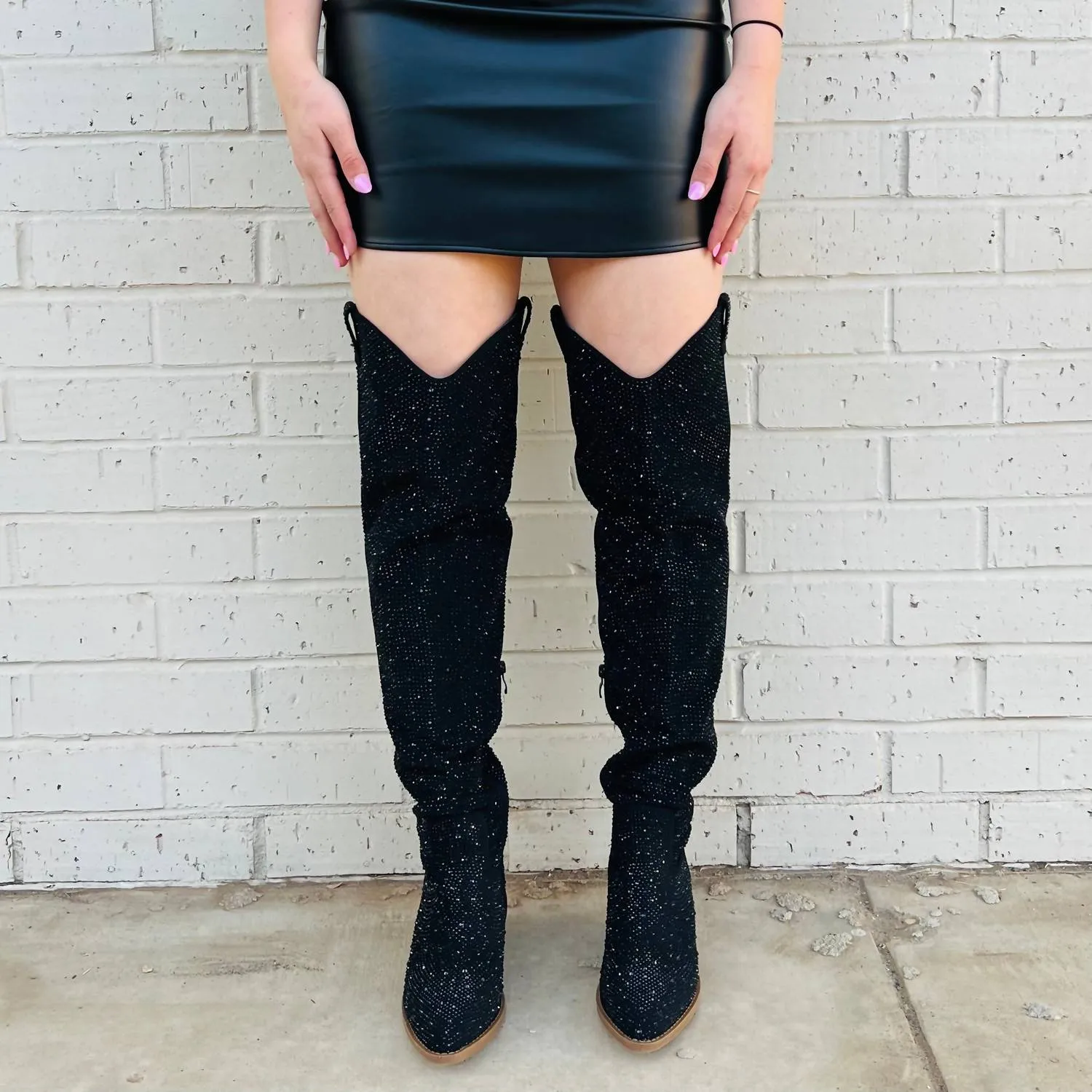 Women's Bring Ya To Your Knees Rhinestone Boots In Black