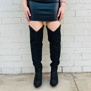Women's Bring Ya To Your Knees Rhinestone Boots In Black