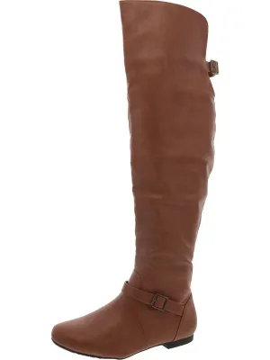 Womens Faux Leather Block Heel Knee-High Boots