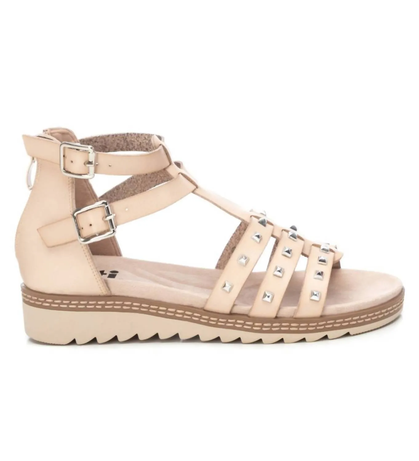 Women's Flat Sandals With Gold Studs In Ice
