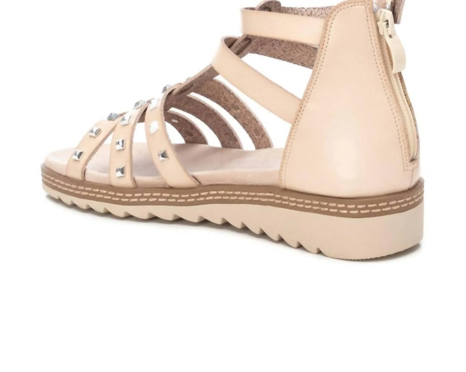 Women's Flat Sandals With Gold Studs In Ice