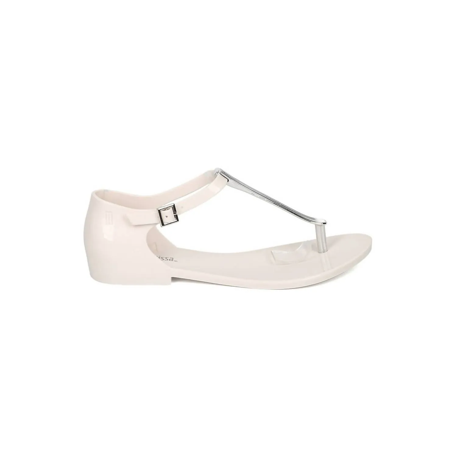 Women's Honey Chrome Jelly Metallic T-Strap Flat Sandal In White