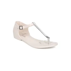 Women's Honey Chrome Jelly Metallic T-Strap Flat Sandal In White