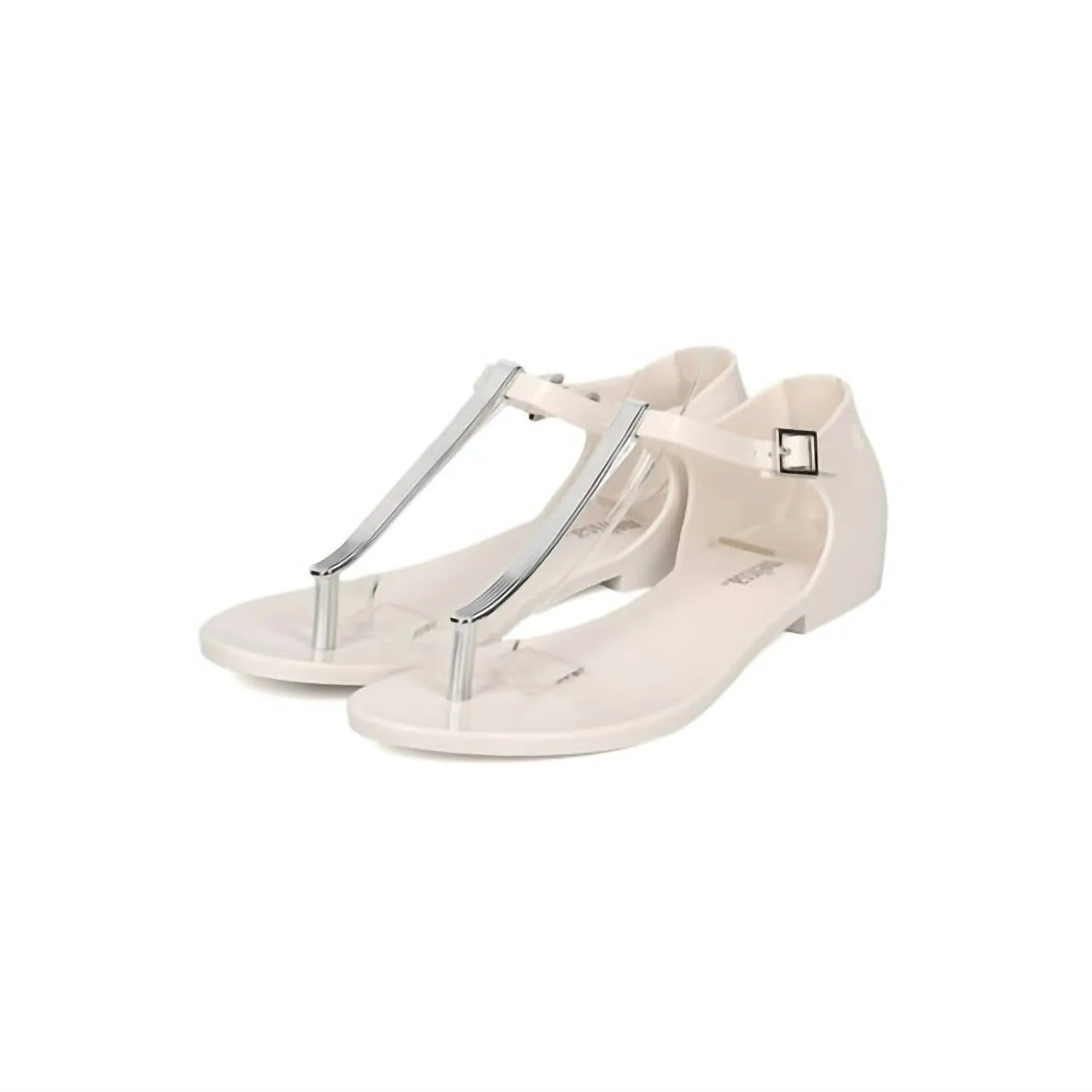 Women's Honey Chrome Jelly Metallic T-Strap Flat Sandal In White