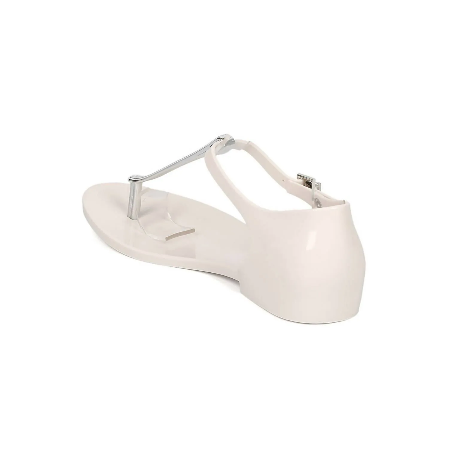 Women's Honey Chrome Jelly Metallic T-Strap Flat Sandal In White